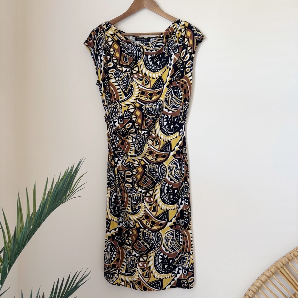 Lafayette 148 Stretch Jersey Geometric Print Ruched Dress Medium Office Luxe